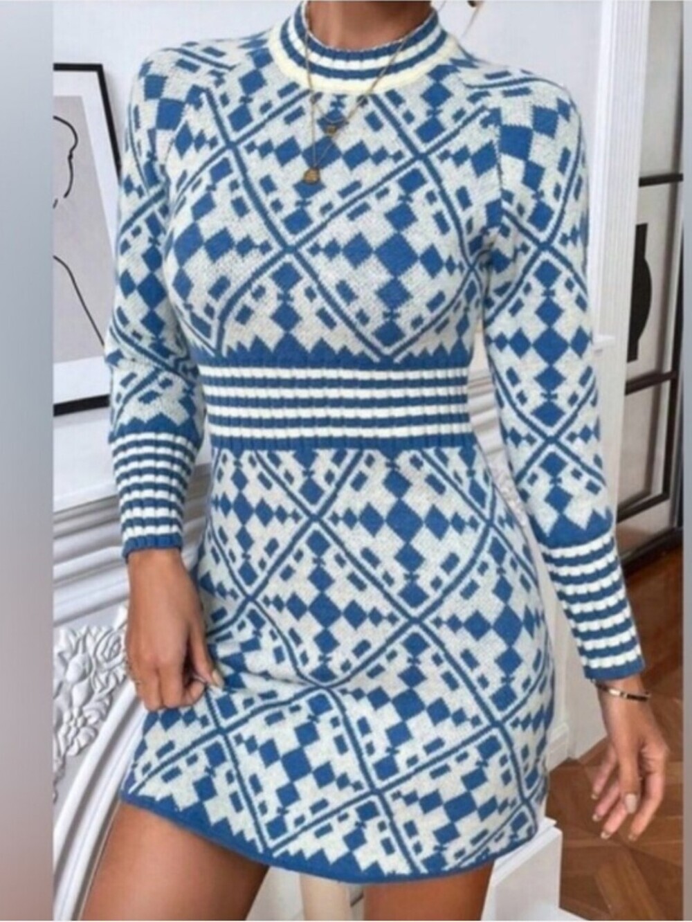 Blue & White Geometric Knit Mini Dress, Long Sleeve
